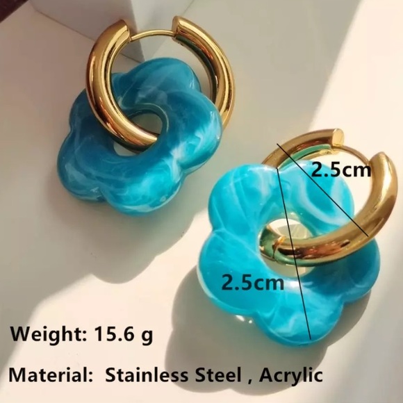 NEW Blue Floral Acrylic 90s Drop Hoop Earrings - Picture 2 of 3